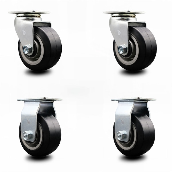 4 Inch Rubber on Aluminum Caster Set with Ball Bearings 2 Swivel 2 Rigid